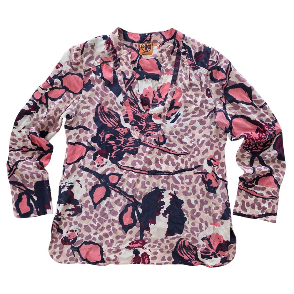 Tory Burch Size 6 Leopard V-Neck Floral Print Silk Tunic Pink Purple Navy